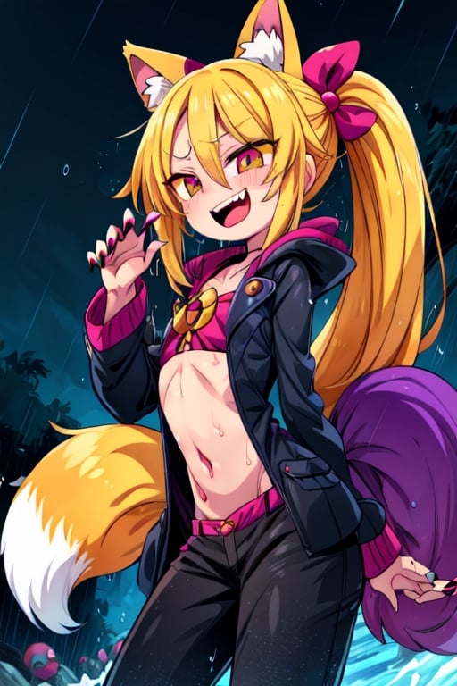 8k resolution, high resolution, masterpiece, intricate details, highly detailed, HD quality, solo, loli, short stature, little girls, only girls, dark background, rain, scarlet moon, crimson moon, moon, moon on the background, 

Red eyes.black sclera.vertical pupil.cat's pupil.glowing eyes.fangs.fox ears.a fox's tail behind his back.claws on the fingers.claw.black claws.small claws.blonde.yellow hair.long hair.straight hair.two ponytails.black scaly coat.black pants.an evil expression.grin.a joyful expression.fighting pose, 

focus on the whole body, the whole body in the frame, the body is completely in the frame, the body does not leave the frame, detailed hands, detailed fingers, perfect body, perfect anatomy, wet bodies, rich colors, vibrant colors, detailed eyes, super detailed, extremely beautiful graphics, super detailed skin, best quality, highest quality, high detail, masterpiece, detailed skin, perfect anatomy, perfect body, perfect hands, perfect fingers, complex details, reflective hair, textured hair, best quality,super detailed,complex details, high resolution,

,jcdDX_soul3142,JCM2,High detailed ,USA,Color magic,AmyRose,Mrploxykun,Sonic,perfecteyes,Artist,AGGA_ST011,AGGA_ST005,rizdraws,fairy_tail_style,Oerlord,illya,hornet,HarryDraws,jtveemo,ChronoTemp ,Star vs. the Forces of Evil ,arcane style,Landidzu,Captain kirb,Saturated colors,Color saturation ,DAGASI