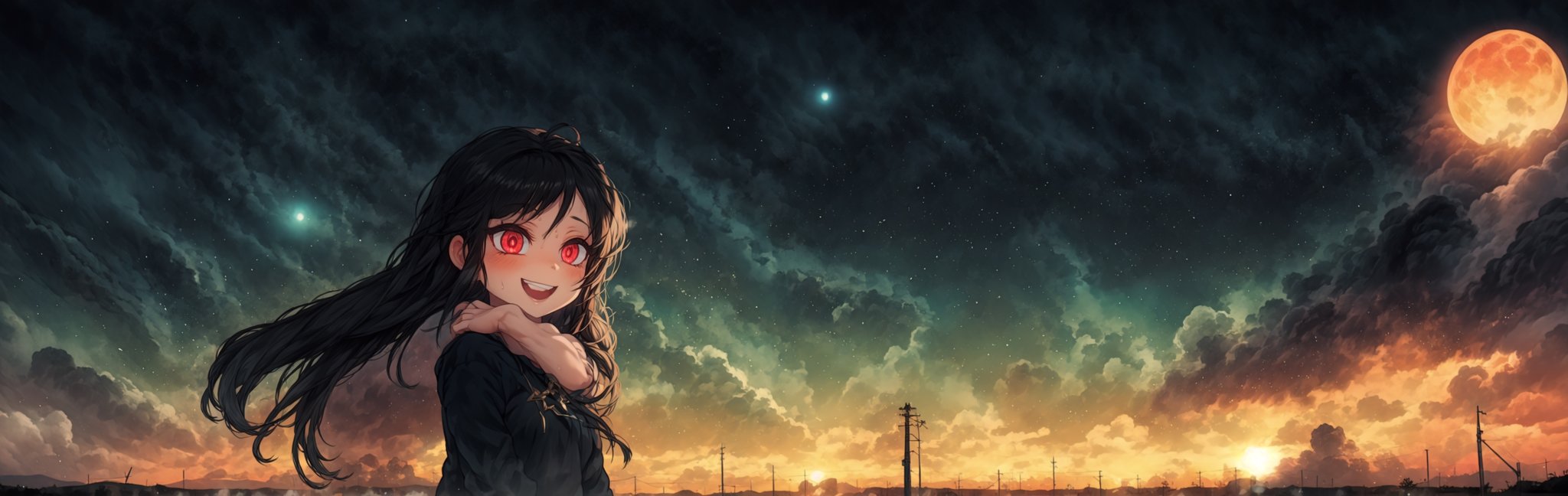 8k resolution, high resolution, masterpiece, intricate details, highly detailed, HD quality, solo, loli, black desert on the background, night, rain, red stars in the sky, scarlet moon, red stars, scarlet cosmos, snowy wasteland, black snow, scarlet lightning, apocalypse, the girl in the share, loli, black hair.long hair.developing hair.formidable aura.the scarlet aura.red eyes.glowing eyes.black coat.black pants.a cheeky smile.a cheeky expression.happy expression,

Focus on the whole body, the whole body in the frame, the body is completely in the frame, the body does not leave the frame, detailed hands, detailed fingers, perfect body, perfect anatomy, wet bodies, rich colors, vibrant colors, detailed eyes, super detailed, extremely beautiful graphics, super detailed skin, best quality, highest quality, high detail, masterpiece, detailed skin, perfect anatomy, perfect body, perfect hands, perfect fingers, complex details, reflective hair, textured hair, best quality,super detailed,complex details, high resolution,USA,JCM2,Captain kirb,jtveemo,ChronoTemp ,EpicArt,Mrploxykun