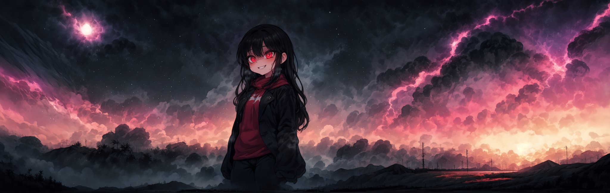 8k resolution, high resolution, masterpiece, intricate details, highly detailed, HD quality, solo, loli, black desert on the background, night, rain, red stars in the sky, scarlet moon, red stars, scarlet cosmos, snowy wasteland, black snow, scarlet lightning, apocalypse, the girl in the share, loli, black hair.long hair.developing hair.formidable aura.the scarlet aura.red eyes.glowing eyes.black coat.black pants.a cheeky smile.a cheeky expression.happy expression,

Focus on the whole body, the whole body in the frame, the body is completely in the frame, the body does not leave the frame, detailed hands, detailed fingers, perfect body, perfect anatomy, wet bodies, rich colors, vibrant colors, detailed eyes, super detailed, extremely beautiful graphics, super detailed skin, best quality, highest quality, high detail, masterpiece, detailed skin, perfect anatomy, perfect body, perfect hands, perfect fingers, complex details, reflective hair, textured hair, best quality,super detailed,complex details, high resolution,USA,JCM2,Captain kirb,jtveemo,ChronoTemp ,EpicArt,Mrploxykun