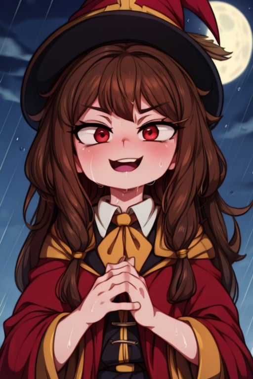 8k resolution, high resolution, masterpiece, intricate details, highly detailed, HD quality, solo, loli, black desert on the background, night, rain, red stars in the sky, scarlet moon, Hermione Granger. Red eyes.brown hair.(Hermione Granger's clothes). the wizard's red robe.a crazy smile.funny expression.a satisfied expression.expression of ecstasy, focus on the whole body, the whole body in the frame, small breasts, vds, looking at viewer, wet, rich colors, vibrant colors, detailed eyes, super detailed, extremely beautiful graphics, super detailed skin, best quality, highest quality, high detail, masterpiece, detailed skin, perfect anatomy, perfect body, perfect hands, perfect fingers, complex details, reflective hair, textured hair, best quality, super detailed, complex details, high resolution,  

,Mrploxykun,Shadbase ,USA,Kanna Kamui ,Hat Kid,Hermione Granger,Captain kirb,JCM2