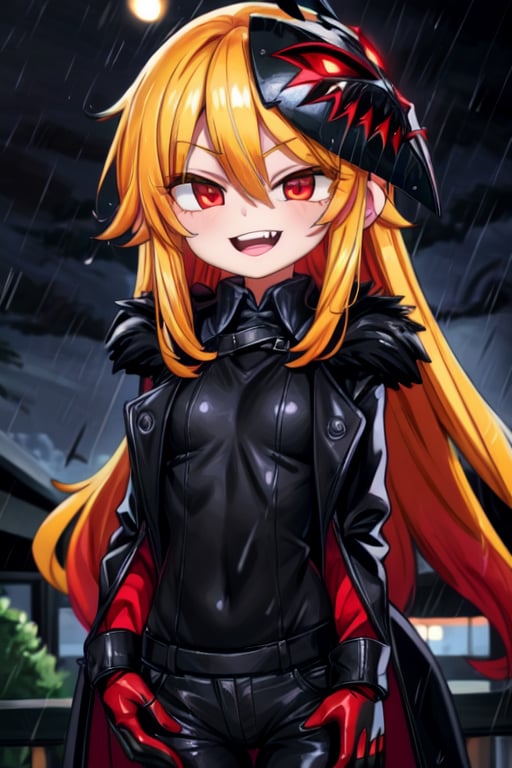 8k resolution, high resolution, masterpiece, long black scaly coat, open coat, yellow hair, white trickster mask,mocking smile painted on the mask,red smile, the scarlet moon in the sky,  fanged smile,red eyes painted on the mask,squinted eyes, black gloves, black pants, arms thrown to the side, looking at the viewer, scarlet lightning in the background, rain, thunderstorm, the whole body in the frame, solo, 