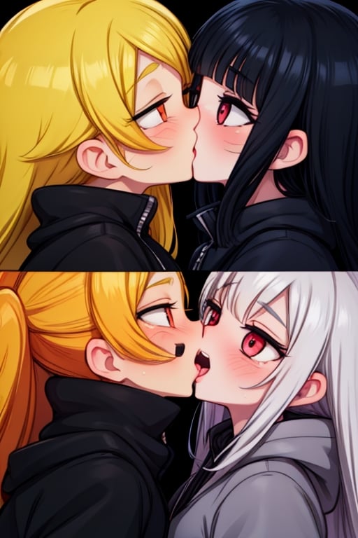 8k resolution, high resolution, masterpiece, intricate details, highly detailed, HD quality, solo, loli, dark background, black desert, scarlet moon,red moon, moon, rain,  2_girls, girls kissing, Naruko uzumaki.red eyes.(Naruko uzumaki has red eyes).blonde.yellow hair.Naruko uzumaki's clothes.black coat.black pants.a gentle expression.a satisfied expression.a playful expression.(Naruko towers over her partner), Hinata Hyuga.dark blue hair.pale lilac eyes.no pupils.Hinata Hugo's clothes.shinobi clothes.grey jacket.black pants.an embarrassed expression.happy recovery.joyful expression, kiss, two girls kissing, naruko and wednesday kissing, spittle, lesbian kiss, yuri, detailed kiss, kiss with tongues, detailed languages, focus on the whole body, the whole body in the frame, small breasts, rich colors, vibrant colors, detailed eyes, super detailed, extremely beautiful graphics, super detailed skin, best quality, highest quality, high detail, masterpiece, detailed skin, perfect anatomy, perfect body, perfect hands, perfect fingers, complex details, reflective hair, textured hair, best quality,super detailed,complex details, high resolution,

,jtveemo,himenoa,Star vs. the Forces of Evil ,Naruto