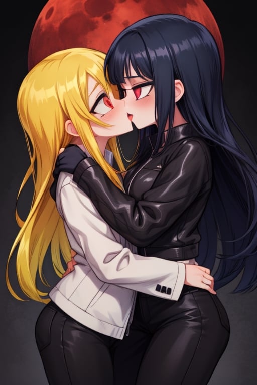 8k resolution, high resolution, masterpiece, intricate details, highly detailed, HD quality, solo, loli, dark background, black desert, scarlet moon,red moon, moon, rain,  2_girls, girls kissing, Naruko uzumaki.red eyes.(Naruko uzumaki has red eyes).blonde.yellow hair.Naruko uzumaki's clothes.black coat.black pants.a gentle expression.a satisfied expression.a playful expression.(Naruko towers over her partner), Hinata Hyuga.dark blue hair.pale lilac eyes.no pupils.Hinata Hugo's clothes.shinobi clothes.grey jacket.black pants.an embarrassed expression.happy recovery.joyful expression, kiss, two girls kissing, naruko and wednesday kissing, spittle, lesbian kiss, yuri, detailed kiss, kiss with tongues, detailed languages, focus on the whole body, the whole body in the frame, small breasts, rich colors, vibrant colors, detailed eyes, super detailed, extremely beautiful graphics, super detailed skin, best quality, highest quality, high detail, masterpiece, detailed skin, perfect anatomy, perfect body, perfect hands, perfect fingers, complex details, reflective hair, textured hair, best quality,super detailed,complex details, high resolution,

,jtveemo