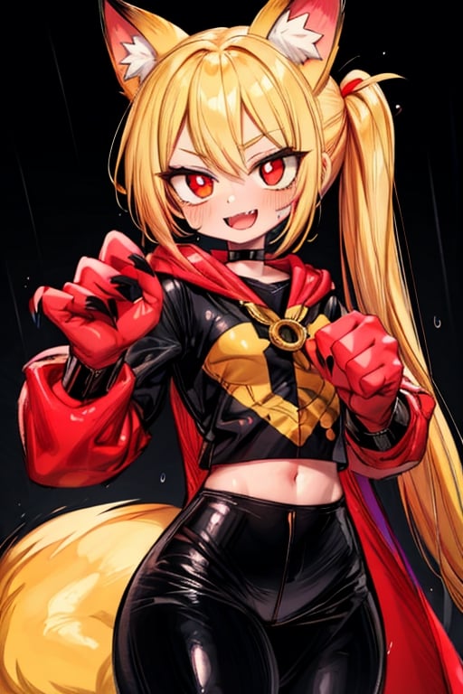 8k resolution, high resolution, masterpiece, intricate details, highly detailed, HD quality, solo, loli, short stature, little girls, only girls, dark background, rain, scarlet moon, crimson moon, moon, moon on the background, 

Red eyes.black sclera.vertical pupil.cat's pupil.glowing eyes.fangs.fox ears.a fox's tail behind his back.claws on the fingers.claw.black claws.small claws.blonde.yellow hair.long hair.straight hair.two ponytails.black scaly coat.black pants.an evil expression.grin.a joyful expression.fighting pose, 

focus on the whole body, the whole body in the frame, the body is completely in the frame, the body does not leave the frame, detailed hands, detailed fingers, perfect body, perfect anatomy, wet bodies, rich colors, vibrant colors, detailed eyes, super detailed, extremely beautiful graphics, super detailed skin, best quality, highest quality, high detail, masterpiece, detailed skin, perfect anatomy, perfect body, perfect hands, perfect fingers, complex details, reflective hair, textured hair, best quality,super detailed,complex details, high resolution,

,jcdDX_soul3142,JCM2,High detailed ,USA,Color magic,AmyRose,Mrploxykun,Sonic,perfecteyes,Artist,AGGA_ST011,AGGA_ST005,rizdraws,fairy_tail_style,Oerlord,illya,hornet,HarryDraws,jtveemo,ChronoTemp ,Star vs. the Forces of Evil ,arcane style,Landidzu,Captain kirb,Saturated colors,Color saturation ,DAGASI