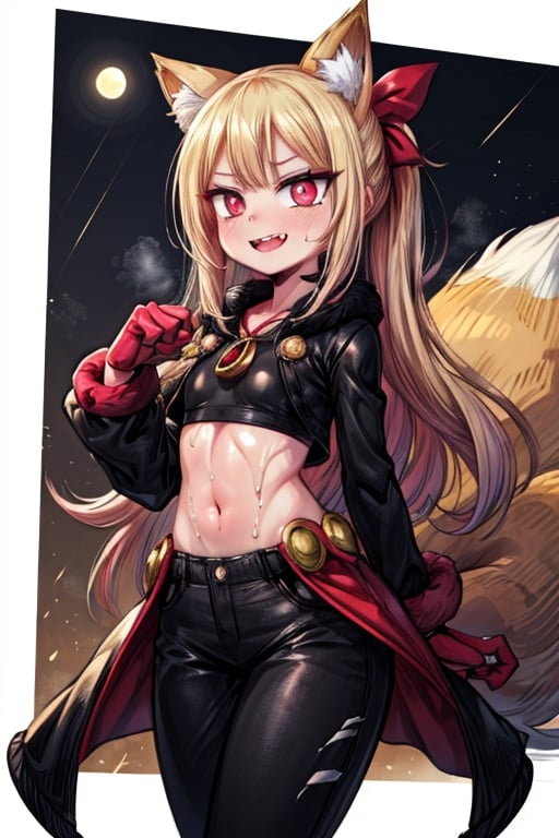 8k resolution, high resolution, masterpiece, intricate details, highly detailed, HD quality, solo, loli, short stature, little girls, only girls, dark background, rain, scarlet moon, crimson moon, moon, moon on the background, 

Red eyes.black sclera.vertical pupil.cat's pupil.glowing eyes.fangs.fox ears.a fox's tail behind his back.claws on the fingers.claw.black claws.small claws.blonde.yellow hair.long hair.straight hair.two ponytails.black scaly coat.black pants.an evil expression.grin.a joyful expression.fighting pose, 

focus on the whole body, the whole body in the frame, the body is completely in the frame, the body does not leave the frame, detailed hands, detailed fingers, perfect body, perfect anatomy, wet bodies, rich colors, vibrant colors, detailed eyes, super detailed, extremely beautiful graphics, super detailed skin, best quality, highest quality, high detail, masterpiece, detailed skin, perfect anatomy, perfect body, perfect hands, perfect fingers, complex details, reflective hair, textured hair, best quality,super detailed,complex details, high resolution,

,jcdDX_soul3142,JCM2,High detailed ,USA,Color magic,AmyRose,Mrploxykun,Sonic,perfecteyes,Artist,AGGA_ST011,AGGA_ST005,rizdraws,fairy_tail_style,Oerlord,illya,hornet,HarryDraws,jtveemo,ChronoTemp ,Star vs. the Forces of Evil ,arcane style,Landidzu,Captain kirb,Saturated colors,Color saturation ,DAGASI