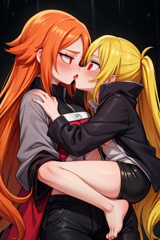 8k resolution, high resolution, masterpiece, intricate details, highly detailed, HD quality, solo, loli, dark background, black desert, scarlet moon,red moon, moon, rain,  2_girls, girls kissing, Naruko uzumaki.red eyes.(Naruko uzumaki has red eyes).blonde.yellow hair.Naruko uzumaki's clothes.black coat.black pants.a gentle expression.a satisfied expression.a playful expression.(Naruko towers over her partner), Karin Uzumaki.scarlet hair.red eyes.Karin Uzumaki's clothes.shinobi clothes.grey T-shirt with cutouts on the sides.black shorts.thoughtful expression.happy recovery.joyful expression, kiss, two girls kissing, naruko and wednesday kissing, spittle, lesbian kiss, yuri, detailed kiss, kiss with tongues, detailed languages, focus on the whole body, the whole body in the frame, small breasts, rich colors, vibrant colors, detailed eyes, super detailed, extremely beautiful graphics, super detailed skin, best quality, highest quality, high detail, masterpiece, detailed skin, perfect anatomy, perfect body, perfect hands, perfect fingers, complex details, reflective hair, textured hair, best quality,super detailed,complex details, high resolution,

,jtveemo,himenoa,Star vs. the Forces of Evil ,Naruto,Landidzu,arcane style,Oerlord,DAGASI,Karin