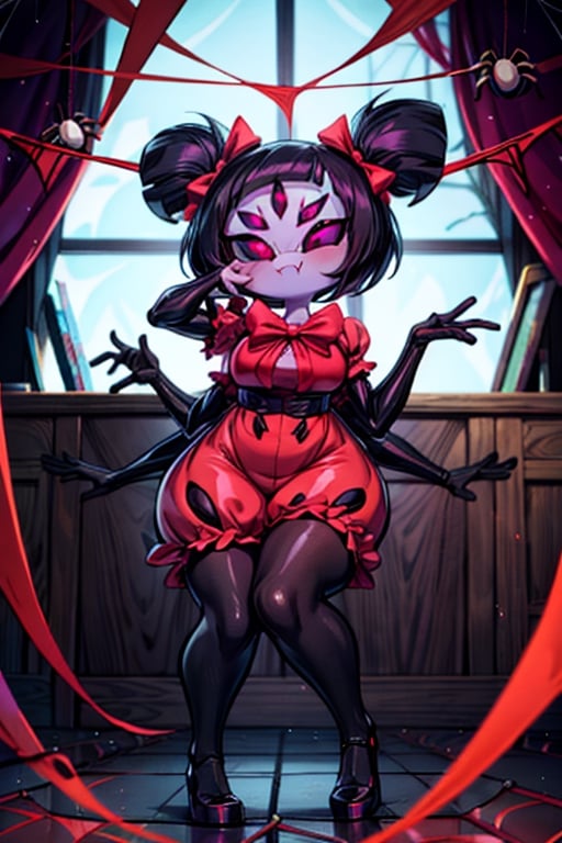 8k resolution, high resolution, masterpiece,  intricate details, highly detailed, HD quality, best quality, vibrant colors, 1girl,muffet,(muffetwear), monster girl,((purple body:1.3)),humanoid, arachnid, anthro,((fangs)),pigtails,hair bows,5 eyes,spider girl,6 arms,solo,clothed,6 hands,detailed hands,((spider webs:1.4)),bloomers,red and black clothing, armwear,  detailed eyes, super detailed, extremely beautiful graphics, super detailed skin, best quality, highest quality, high detail, masterpiece, detailed skin, perfect anatomy, perfect hands, perfect fingers, complex details, reflective hair, textured hair, best quality, super detailed, complex details, high resolution, looking at the viewer, rich colors, ,muffetwear,Shadbase ,JCM2,DAGASI,Oerlord,illya,In the style of gravityfalls,tensura,Mrploxykun,BORN-TO-DIE,Captain kirb,ChronoTemp ,spy x family style