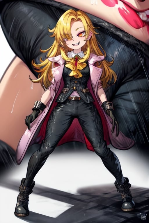 8k resolution, high resolution, masterpiece, long black scaly coat, open coat, yellow hair, white trickster mask,mocking smile painted on the mask,red smile, fanged smile,red eyes painted on the mask,squinted eyes, black gloves, black pants, arms thrown to the side, looking at the viewer, scarlet lightning in the background, rain, thunderstorm, the whole body in the frame, solo, detailed eyes, super detailed, extremely beautiful graphics, super detailed skin, best quality, highest quality, high detail, masterpiece, detailed skin, perfect anatomy, perfect hands, perfect fingers, complex details, reflective hair, textured hair, best quality, super detailed, complex details, high resolution, looking at the viewer, rich colors,Mrploxykun,JCM2,High detailed ,perfecteyes,Color magic,War of the Visions  