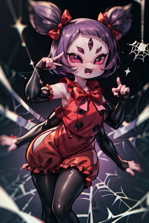 8k resolution, high resolution, masterpiece,  intricate details, highly detailed, HD quality, best quality, vibrant colors, 1girl,muffet,(muffetwear), monster girl,((purple body:1.3)),humanoid, arachnid, anthro,((fangs)),pigtails,hair bows,5 eyes,spider girl,6 arms,solo,clothed,6 hands,detailed hands,((spider webs:1.4)),bloomers,red and black clothing, armwear,  detailed eyes, super detailed, extremely beautiful graphics, super detailed skin, best quality, highest quality, high detail, masterpiece, detailed skin, perfect anatomy, perfect hands, perfect fingers, complex details, reflective hair, textured hair, best quality, super detailed, complex details, high resolution, looking at the viewer, rich colors, ,muffetwear,Shadbase ,JCM2,DAGASI,Oerlord,illya,In the style of gravityfalls,tensura,Mrploxykun,BORN-TO-DIE,Captain kirb