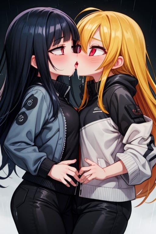 8k resolution, high resolution, masterpiece, intricate details, highly detailed, HD quality, solo, loli, dark background, black desert, scarlet moon,red moon, moon, rain,  2_girls, girls kissing, Naruko uzumaki.red eyes.(Naruko uzumaki has red eyes).blonde.yellow hair.Naruko uzumaki's clothes.black coat.black pants.a gentle expression.a satisfied expression.a playful expression.(Naruko towers over her partner), Hinata Hyuga.dark blue hair.pale lilac eyes.no pupils.Hinata Hugo's clothes.shinobi clothes.grey jacket.black pants.an embarrassed expression.happy recovery.joyful expression, kiss, two girls kissing, naruko and wednesday kissing, spittle, lesbian kiss, yuri, detailed kiss, kiss with tongues, detailed languages, focus on the whole body, the whole body in the frame, small breasts, rich colors, vibrant colors, detailed eyes, super detailed, extremely beautiful graphics, super detailed skin, best quality, highest quality, high detail, masterpiece, detailed skin, perfect anatomy, perfect body, perfect hands, perfect fingers, complex details, reflective hair, textured hair, best quality,super detailed,complex details, high resolution,

,jtveemo,himenoa