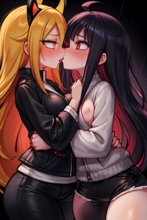 8k resolution, high resolution, masterpiece, intricate details, highly detailed, HD quality, solo, loli, dark background, black desert, scarlet moon,red moon, moon, rain,  2_girls, girls kissing, Naruko uzumaki.red eyes.(Naruko uzumaki has red eyes).blonde.yellow hair.Naruko uzumaki's clothes.black coat.black pants.a gentle expression.a satisfied expression.a playful expression.(Naruko towers over her partner), Hinata Hyuga.dark blue hair.pale lilac eyes.no pupils.Hinata Hugo's clothes.shinobi clothes.grey jacket.black pants.an embarrassed expression.happy recovery.joyful expression, kiss, two girls kissing, naruko and wednesday kissing, spittle, lesbian kiss, yuri, detailed kiss, kiss with tongues, detailed languages, focus on the whole body, the whole body in the frame, small breasts, rich colors, vibrant colors, detailed eyes, super detailed, extremely beautiful graphics, super detailed skin, best quality, highest quality, high detail, masterpiece, detailed skin, perfect anatomy, perfect body, perfect hands, perfect fingers, complex details, reflective hair, textured hair, best quality,super detailed,complex details, high resolution,

Shadbase,Ankha,USA,Sonique,Sonic,Naruto,Wednesday Addams  ,kiss,JCM2,Naruko,Shadbase ,Mrploxykun, Addams ,Artist,haruno sakura,Hinata