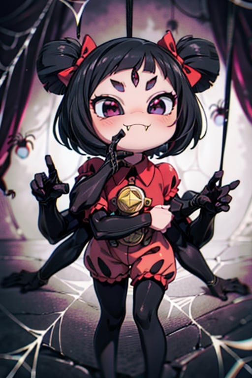 8k resolution, high resolution, masterpiece,  intricate details, highly detailed, HD quality, best quality, vibrant colors, 1girl,muffet,(muffetwear), monster girl,((purple body:1.3)),humanoid, arachnid, anthro,((fangs)),pigtails,hair bows,5 eyes,spider girl,6 arms,solo,clothed,6 hands,detailed hands,((spider webs:1.4)),bloomers,red and black clothing, armwear,  detailed eyes, super detailed, extremely beautiful graphics, super detailed skin, best quality, highest quality, high detail, masterpiece, detailed skin, perfect anatomy, perfect hands, perfect fingers, complex details, reflective hair, textured hair, best quality, super detailed, complex details, high resolution, looking at the viewer, rich colors, ,muffetwear,Shadbase ,JCM2,DAGASI,Oerlord,illya,In the style of gravityfalls,tensura,Mrploxykun,BORN-TO-DIE,Captain kirb,ChronoTemp ,spy x family style