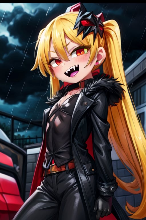 8k resolution, high resolution, masterpiece, long black scaly coat, open coat, yellow hair, white trickster mask,mocking smile painted on the mask,red smile, fanged smile,red eyes painted on the mask,squinted eyes, black gloves, black pants, arms thrown to the side, looking at the viewer, scarlet lightning in the background, rain, thunderstorm, the whole body in the frame, solo, 