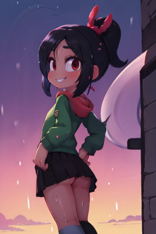 8k resolution, high resolution, masterpiece, intricate details, highly detailed, HD quality, solo, loli, short stature, little girls, only girls, dark background, rain, scarlet moon, crimson moon, moon, moon on the background, 

Vanellope von Schweetz.black hair.red eyes.green hoodie.black skirt.mini skirt.stockings.stockings with white and green stripes.funny expression.cheeky smile, standing with his back to the viewer, ass, big ass, ass set aside, perfect ass, focus on ass, perfect anus, perfect vagina, beautiful anus, beautiful vagina, smooth anus, smooth vagina, small breasts, flat breasts, 

focus on the whole body, the whole body in the frame, the body is completely in the frame, the body does not leave the frame, detailed hands, detailed fingers, perfect body, perfect anatomy, wet bodies, rich colors, vibrant colors, detailed eyes, super detailed, extremely beautiful graphics, super detailed skin, best quality, highest quality, high detail, masterpiece, detailed skin, perfect anatomy, perfect body, perfect hands, perfect fingers, complex details, reflective hair, textured hair, best quality,super detailed,complex details, high resolution,

,jcdDX_soul3142,JCM2,High detailed ,USA,Color magic,AmyRose,Mrploxykun,Sonic,perfecteyes,Artist,AGGA_ST011,AGGA_ST005,rizdraws,fairy_tail_style,Oerlord,illya,hornet,HarryDraws