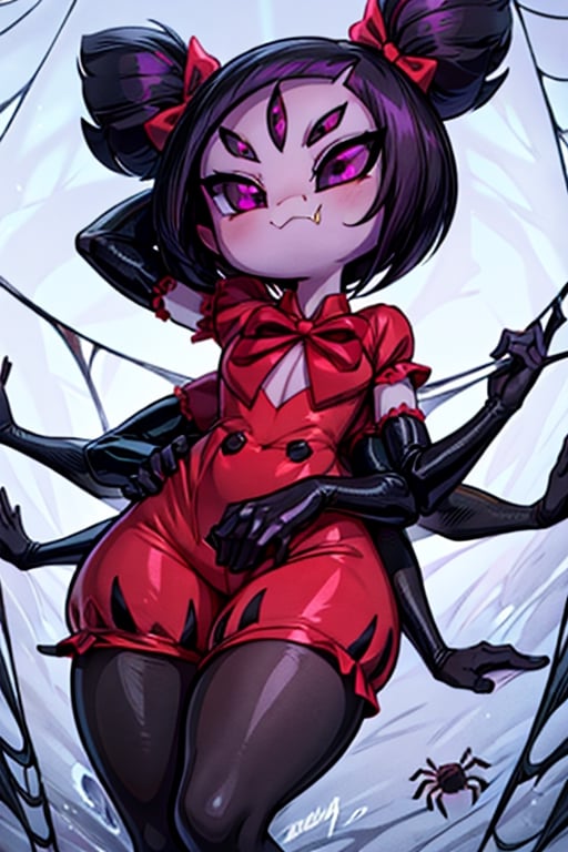 8k resolution, high resolution, masterpiece,  intricate details, highly detailed, HD quality, best quality, vibrant colors, 1girl,muffet,(muffetwear), monster girl,((purple body:1.3)),humanoid, arachnid, anthro,((fangs)),pigtails,hair bows,5 eyes,spider girl,6 arms,solo,clothed,6 hands,detailed hands,((spider webs:1.4)),bloomers,red and black clothing, armwear,  detailed eyes, super detailed, extremely beautiful graphics, super detailed skin, best quality, highest quality, high detail, masterpiece, detailed skin, perfect anatomy, perfect hands, perfect fingers, complex details, reflective hair, textured hair, best quality, super detailed, complex details, high resolution, looking at the viewer, rich colors, ,muffetwear,Shadbase ,JCM2,DAGASI,Oerlord,illya,In the style of gravityfalls,tensura,Mrploxykun,BORN-TO-DIE,Captain kirb,ChronoTemp ,spy x family style