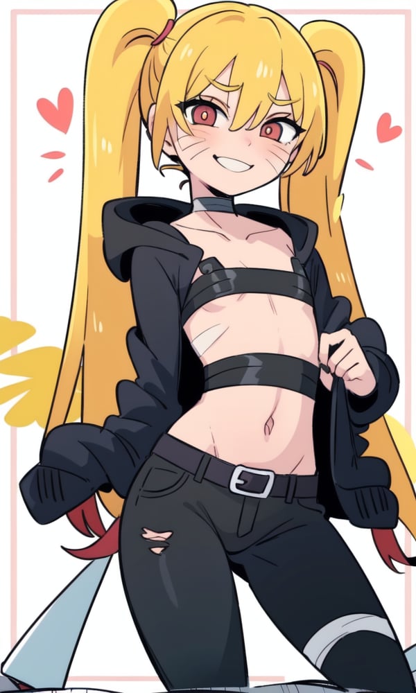 masterpiece, best quality, spectacular, solo, Naruko_Uzumaki, yellow hair, two pigtails, red eyes, elongated vertical pupils, small breasts, loli, cheeky smile, straight pose, looks at the viewer, scarlet cloak, hands tied with black bandages, forearms tied with black bandages, black belt, black pants, chest bandaged black bandages, perfect eyes, perfect body, perfect anatomy , cartoon, naruto,KezieDra
