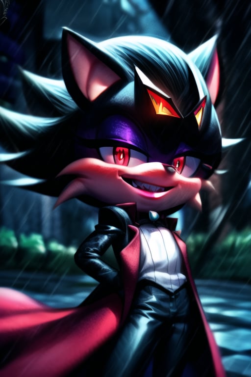 8k resolution, high resolution, masterpiece, long black scaly coat, open coat,  white trickster mask,mocking smile painted on the mask,red smile, fanged smile,red eyes painted on the mask,squinted eyes, black gloves, black pants, arms thrown to the side, looking at the viewer, scarlet lightning in the background, rain, thunderstorm, the whole body in the frame, solo, 