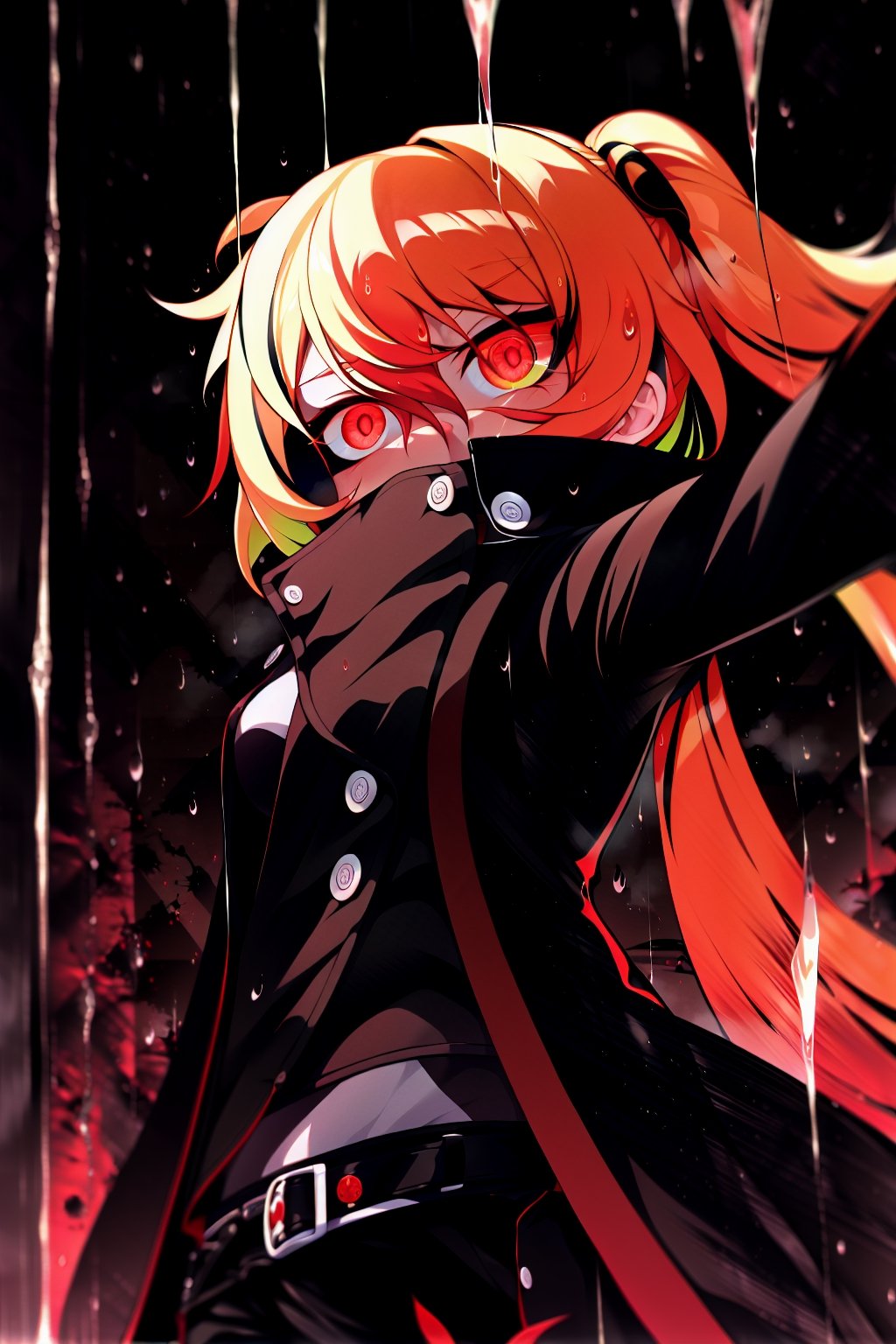 Loli, solo, Naruko Uzumaki, red eyes, eyes emitting scarlet light, black sclera, absolutely black eyeballs, three thin black vertical stripes on both cheeks, shadow on the face, the upper part of the face is hidden by shadow, long black scaly coat, open coat, yellow hair, two ponytails, squinted eyes, black gloves, black trousers, arms outstretched, scarlet lightning in the background, rain, thunderstorm, the whole body in the frame,

,BloodOrangeMix 