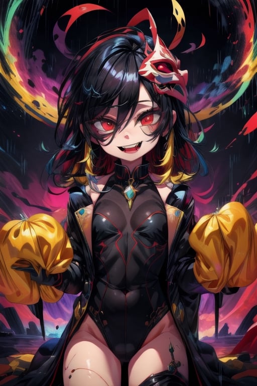8k resolution, high resolution, masterpiece, long black scaly coat, open coat, yellow hair, white trickster mask,mocking smile painted on the mask,red smile, fanged smile,red eyes painted on the mask,squinted eyes, black gloves, black pants, arms thrown to the side, looking at the viewer, scarlet lightning in the background, rain, thunderstorm, the whole body in the frame, solo, detailed eyes, super detailed, extremely beautiful graphics, super detailed skin, best quality, highest quality, high detail, masterpiece, detailed skin, perfect anatomy, perfect hands, perfect fingers, complex details, reflective hair, textured hair, best quality, super detailed, complex details, high resolution, looking at the viewer, rich colors,Mrploxykun,JCM2,High detailed ,perfecteyes,Color magic,War of the Visions  ,Saturated colors