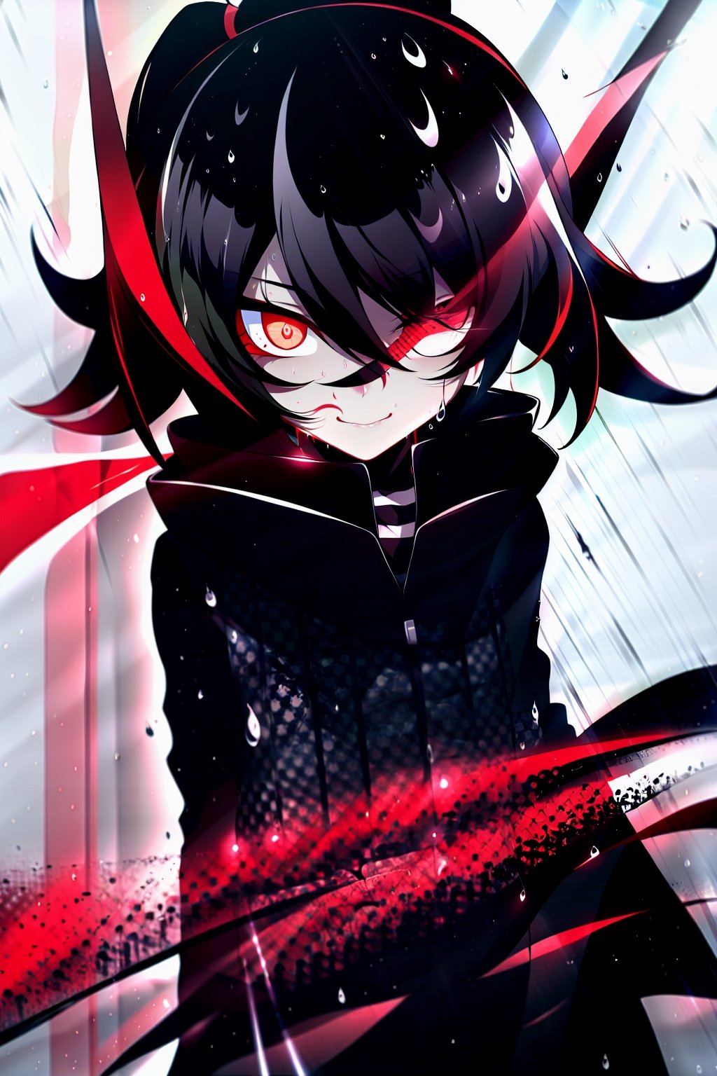 Loli, solo, Naruko Uzumaki, red eyes, eyes emitting scarlet light, black sclera, absolutely black eyeballs, three thin black vertical stripes on both cheeks, shadow on the face, the upper part of the face is hidden by shadow, long black scaly coat, open coat, yellow hair, two ponytails, squinted eyes, black gloves, black trousers, arms outstretched, scarlet lightning in the background, rain, thunderstorm, the whole body in the frame,Naruko