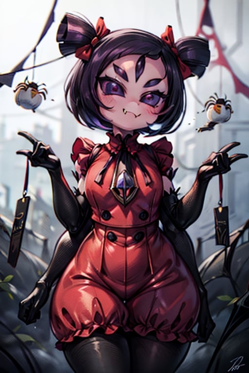 8k resolution, high resolution, masterpiece,  intricate details, highly detailed, HD quality, best quality, vibrant colors, 1girl,muffet,(muffetwear), monster girl,((purple body:1.3)),humanoid, arachnid, anthro,((fangs)),pigtails,hair bows,5 eyes,spider girl,6 arms,solo,clothed,6 hands,detailed hands,((spider webs:1.4)),bloomers,red and black clothing, armwear,  detailed eyes, super detailed, extremely beautiful graphics, super detailed skin, best quality, highest quality, high detail, masterpiece, detailed skin, perfect anatomy, perfect hands, perfect fingers, complex details, reflective hair, textured hair, best quality, super detailed, complex details, high resolution, looking at the viewer, rich colors, ,muffetwear,Shadbase ,JCM2,DAGASI,Oerlord,illya,In the style of gravityfalls,tensura,Mrploxykun,BORN-TO-DIE,Captain kirb,ChronoTemp ,spy x family style