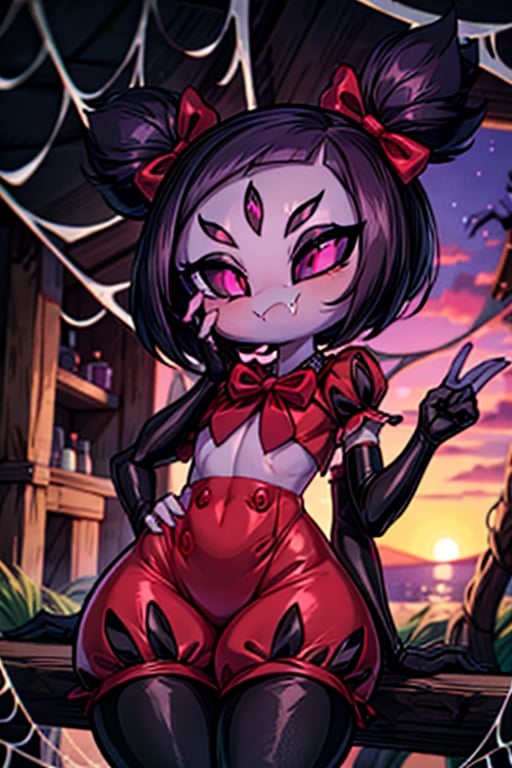 8k resolution, high resolution, masterpiece,  intricate details, highly detailed, HD quality, best quality, vibrant colors, 1girl,muffet,(muffetwear), monster girl,((purple body:1.3)),humanoid, arachnid, anthro,((fangs)),pigtails,hair bows,5 eyes,spider girl,6 arms,solo,clothed,6 hands,detailed hands,((spider webs:1.4)),bloomers,red and black clothing, armwear,  detailed eyes, super detailed, extremely beautiful graphics, super detailed skin, best quality, highest quality, high detail, masterpiece, detailed skin, perfect anatomy, perfect hands, perfect fingers, complex details, reflective hair, textured hair, best quality, super detailed, complex details, high resolution, looking at the viewer, rich colors, ,muffetwear,Shadbase ,JCM2,DAGASI,Oerlord,illya,In the style of gravityfalls,tensura,Mrploxykun,BORN-TO-DIE,Captain kirb,ChronoTemp ,spy x family style