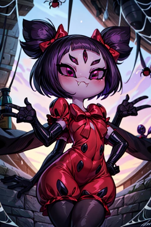 8k resolution, high resolution, masterpiece,  intricate details, highly detailed, HD quality, best quality, vibrant colors, 1girl,muffet,(muffetwear), monster girl,((purple body:1.3)),humanoid, arachnid, anthro,((fangs)),pigtails,hair bows,5 eyes,spider girl,6 arms,solo,clothed,6 hands,detailed hands,((spider webs:1.4)),bloomers,red and black clothing, armwear,  detailed eyes, super detailed, extremely beautiful graphics, super detailed skin, best quality, highest quality, high detail, masterpiece, detailed skin, perfect anatomy, perfect hands, perfect fingers, complex details, reflective hair, textured hair, best quality, super detailed, complex details, high resolution, looking at the viewer, rich colors, ,muffetwear,Shadbase ,JCM2,DAGASI,Oerlord,illya,In the style of gravityfalls,tensura,Mrploxykun,BORN-TO-DIE,Captain kirb,ChronoTemp ,spy x family style