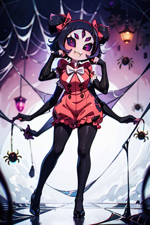 8k resolution, high resolution, masterpiece,  intricate details, highly detailed, HD quality, best quality, vibrant colors, 1girl,muffet,(muffetwear), monster girl,((purple body:1.3)),humanoid, arachnid, anthro,((fangs)),pigtails,hair bows,5 eyes,spider girl,6 arms,solo,clothed,6 hands,detailed hands,((spider webs:1.4)),bloomers,red and black clothing, armwear,  detailed eyes, super detailed, extremely beautiful graphics, super detailed skin, best quality, highest quality, high detail, masterpiece, detailed skin, perfect anatomy, perfect hands, perfect fingers, complex details, reflective hair, textured hair, best quality, super detailed, complex details, high resolution, looking at the viewer, rich colors, ,muffetwear,Shadbase ,JCM2,DAGASI,Oerlord,illya,In the style of gravityfalls,tensura,Mrploxykun,BORN-TO-DIE,Captain kirb,ChronoTemp ,spy x family style