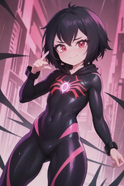 8k resolution, high resolution, masterpiece, intricate details, highly detailed, HD quality, solo, loli, short stature, little girls, only girls, dark background, rain, scarlet moon, crimson moon, moon, moon on the background, science fiction, science fiction city, red neon, blood red neon, burgundy red neon,

Peni Parker.red eyes.shining scarlet eyes.shining eyes.black hair.short haircut.slim build.teenage girl.Spiderman.Marvel.superhero.young woman.slim build.the red web.tight-fitting suit.black and red clothes.black spider print on the chest.black spider emblem.spider print.black print.hood.stretched hood.cheked smile.funny expression.fighting pose,

focus on the whole body, the whole body in the frame, the body is completely in the frame, the body does not leave the frame, detailed hands, detailed fingers, perfect body, perfect anatomy, wet bodies, rich colors, vibrant colors, detailed eyes, super detailed, extremely beautiful graphics, super detailed skin, best quality, highest quality, high detail, masterpiece, detailed skin, perfect anatomy, perfect body, perfect hands, perfect fingers, complex details, reflective hair, textured hair, best quality,super detailed,complex details, high resolution,

,AGGA_ST011,ChronoTemp ,illya,Star vs. the Forces of Evil ,Captain kirb,jtveemo,JCM2,Mrploxykun,Gerph ,Jago,Overlord,Artist,penini,C7b3rp0nkStyle,High detailed 