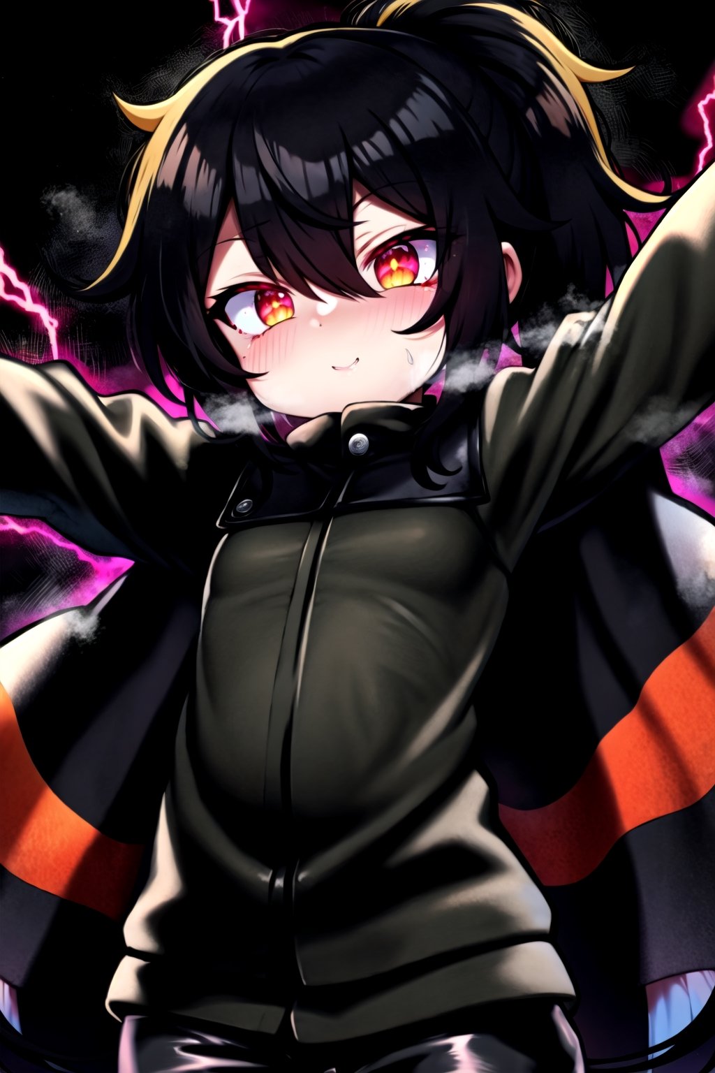 Loli, solo, Naruko Uzumaki, red eyes, eyes emitting scarlet light, black sclera, absolutely black eyeballs, three thin black vertical stripes on both cheeks, shadow on the face, the upper part of the face is hidden by shadow, long black scaly coat, open coat, yellow hair, two ponytails, squinted eyes, black gloves, black trousers, arms outstretched, scarlet lightning in the background, rain, thunderstorm, the whole body in the frame,