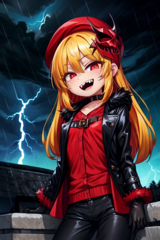 8k resolution, high resolution, masterpiece, long black scaly coat, open coat, yellow hair, white trickster mask,mocking smile painted on the mask,red smile, fanged smile,red eyes painted on the mask,squinted eyes, black gloves, black pants, arms thrown to the side, looking at the viewer, scarlet lightning in the background, rain, thunderstorm, the whole body in the frame, solo, 