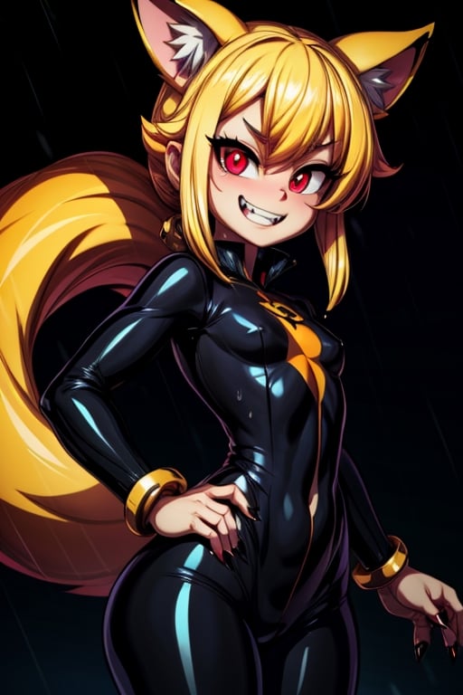 8k resolution, high resolution, masterpiece, intricate details, highly detailed, HD quality, solo, loli, short stature, little girls, only girls, dark background, rain, scarlet moon, crimson moon, moon, moon on the background, 

Red eyes.black sclera.vertical pupil.cat's pupil.glowing eyes.fangs.fox ears.a fox's tail behind his back.claws on the fingers.claw.black claws.small claws.blonde.yellow hair.long hair.straight hair.two ponytails.black scaly coat.black pants.an evil expression.grin.a joyful expression.fighting pose, 

focus on the whole body, the whole body in the frame, the body is completely in the frame, the body does not leave the frame, detailed hands, detailed fingers, perfect body, perfect anatomy, wet bodies, rich colors, vibrant colors, detailed eyes, super detailed, extremely beautiful graphics, super detailed skin, best quality, highest quality, high detail, masterpiece, detailed skin, perfect anatomy, perfect body, perfect hands, perfect fingers, complex details, reflective hair, textured hair, best quality,super detailed,complex details, high resolution,

,jcdDX_soul3142,JCM2,High detailed ,USA,Color magic,AmyRose,Mrploxykun,Sonic,perfecteyes,Artist,AGGA_ST011,AGGA_ST005,rizdraws,fairy_tail_style,Oerlord,illya,hornet,HarryDraws,jtveemo,ChronoTemp ,Star vs. the Forces of Evil ,arcane style,Landidzu,Captain kirb,Saturated colors,Color saturation ,DAGASI