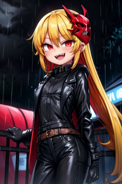 8k resolution, high resolution, masterpiece, long black scaly coat, open coat, yellow hair, white trickster mask,mocking smile painted on the mask,red smile, fanged smile,red eyes painted on the mask,squinted eyes, black gloves, black pants, arms thrown to the side, looking at the viewer, scarlet lightning in the background, rain, thunderstorm, the whole body in the frame, solo, 