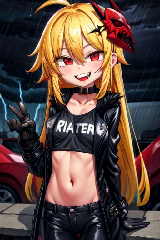 8k resolution, high resolution, masterpiece, long black scaly coat, open coat, yellow hair, white trickster mask,mocking smile painted on the mask,red smile, fanged smile,red eyes painted on the mask,squinted eyes, black gloves, black pants, arms thrown to the side, looking at the viewer, scarlet lightning in the background, rain, thunderstorm, the whole body in the frame, solo, 