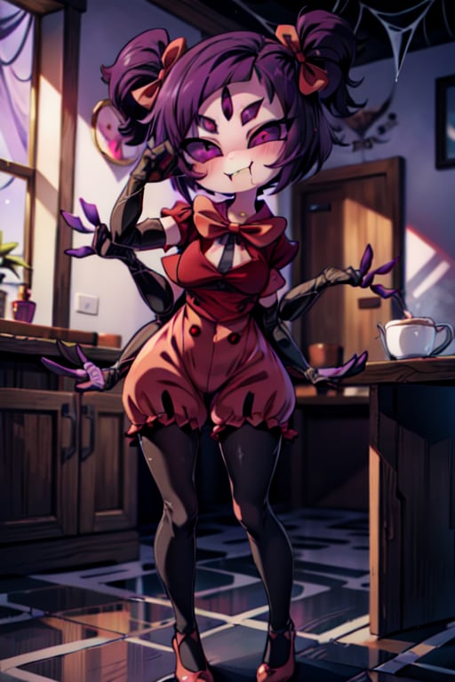 8k resolution, high resolution, masterpiece,  intricate details, highly detailed, HD quality, best quality, vibrant colors, 1girl,muffet,(muffetwear), monster girl,((purple body:1.3)),humanoid, arachnid, anthro,((fangs)),pigtails,hair bows,5 eyes,spider girl,6 arms,solo,clothed,6 hands,detailed hands,((spider webs:1.4)),bloomers,red and black clothing, armwear,  detailed eyes, super detailed, extremely beautiful graphics, super detailed skin, best quality, highest quality, high detail, masterpiece, detailed skin, perfect anatomy, perfect hands, perfect fingers, complex details, reflective hair, textured hair, best quality, super detailed, complex details, high resolution, looking at the viewer, rich colors, ,muffetwear,Shadbase ,JCM2,DAGASI