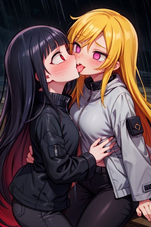 8k resolution, high resolution, masterpiece, intricate details, highly detailed, HD quality, solo, loli, dark background, black desert, scarlet moon,red moon, moon, rain,  2_girls, girls kissing, Naruko uzumaki.red eyes.(Naruko uzumaki has red eyes).blonde.yellow hair.Naruko uzumaki's clothes.black coat.black pants.a gentle expression.a satisfied expression.a playful expression.(Naruko towers over her partner), Hinata Hyuga.dark blue hair.pale lilac eyes.no pupils.Hinata Hugo's clothes.shinobi clothes.grey jacket.black pants.an embarrassed expression.happy recovery.joyful expression, kiss, two girls kissing, naruko and wednesday kissing, spittle, lesbian kiss, yuri, detailed kiss, kiss with tongues, detailed languages, focus on the whole body, the whole body in the frame, small breasts, rich colors, vibrant colors, detailed eyes, super detailed, extremely beautiful graphics, super detailed skin, best quality, highest quality, high detail, masterpiece, detailed skin, perfect anatomy, perfect body, perfect hands, perfect fingers, complex details, reflective hair, textured hair, best quality,super detailed,complex details, high resolution,

,jtveemo,himenoa,Star vs. the Forces of Evil ,Naruto,Landidzu,arcane style,Oerlord,DAGASI