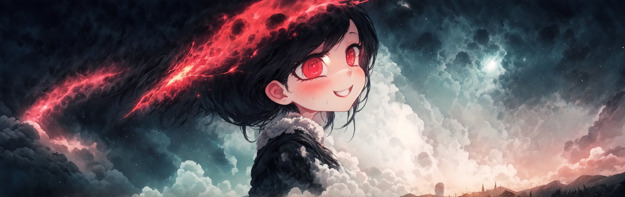 8k resolution, high resolution, masterpiece, intricate details, highly detailed, HD quality, solo, loli, black desert on the background, night, rain, red stars in the sky, scarlet moon, red stars, scarlet cosmos, snowy wasteland, black snow, scarlet lightning, apocalypse, the girl in the share, loli, black hair.long hair.developing hair.formidable aura.the scarlet aura.red eyes.glowing eyes.black coat.black pants.a cheeky smile.a cheeky expression.happy expression,

Focus on the whole body, the whole body in the frame, the body is completely in the frame, the body does not leave the frame, detailed hands, detailed fingers, perfect body, perfect anatomy, wet bodies, rich colors, vibrant colors, detailed eyes, super detailed, extremely beautiful graphics, super detailed skin, best quality, highest quality, high detail, masterpiece, detailed skin, perfect anatomy, perfect body, perfect hands, perfect fingers, complex details, reflective hair, textured hair, best quality,super detailed,complex details, high resolution,USA,JCM2,Captain kirb,jtveemo,ChronoTemp ,EpicArt,Mrploxykun