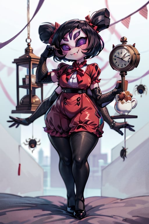 8k resolution, high resolution, masterpiece,  intricate details, highly detailed, HD quality, best quality, vibrant colors, 1girl,muffet,(muffetwear), monster girl,((purple body:1.3)),humanoid, arachnid, anthro,((fangs)),pigtails,hair bows,5 eyes,spider girl,6 arms,solo,clothed,6 hands,detailed hands,((spider webs:1.4)),bloomers,red and black clothing, armwear,  detailed eyes, super detailed, extremely beautiful graphics, super detailed skin, best quality, highest quality, high detail, masterpiece, detailed skin, perfect anatomy, perfect hands, perfect fingers, complex details, reflective hair, textured hair, best quality, super detailed, complex details, high resolution, looking at the viewer, rich colors, ,muffetwear,Shadbase ,JCM2,DAGASI,Oerlord,illya,In the style of gravityfalls,tensura,Mrploxykun,BORN-TO-DIE,Captain kirb,ChronoTemp ,spy x family style