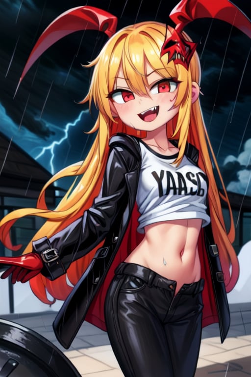 8k resolution, high resolution, masterpiece, long black scaly coat, open coat, yellow hair, white trickster mask,mocking smile painted on the mask,red smile, fanged smile,red eyes painted on the mask,squinted eyes, black gloves, black pants, arms thrown to the side, looking at the viewer, scarlet lightning in the background, rain, thunderstorm, the whole body in the frame, solo, the inscription on the T-shirt, the inscription, the best seductress of little girls


