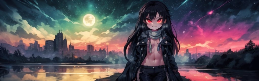 8k resolution, high resolution, masterpiece, intricate details, highly detailed, HD quality, solo, loli, black desert on the background, night, rain, red stars in the sky, scarlet moon, red stars, scarlet cosmos, snowy wasteland, black snow, scarlet lightning, apocalypse, the girl in the share, loli, black hair.long hair.developing hair.formidable aura.the scarlet aura.red eyes.glowing eyes.black coat.black pants.a cheeky smile.a cheeky expression.happy expression,

Focus on the whole body, the whole body in the frame, the body is completely in the frame, the body does not leave the frame, detailed hands, detailed fingers, perfect body, perfect anatomy, wet bodies, rich colors, vibrant colors, detailed eyes, super detailed, extremely beautiful graphics, super detailed skin, best quality, highest quality, high detail, masterpiece, detailed skin, perfect anatomy, perfect body, perfect hands, perfect fingers, complex details, reflective hair, textured hair, best quality,super detailed,complex details, high resolution,USA,JCM2,Captain kirb,jtveemo,ChronoTemp ,EpicArt,Mrploxykun