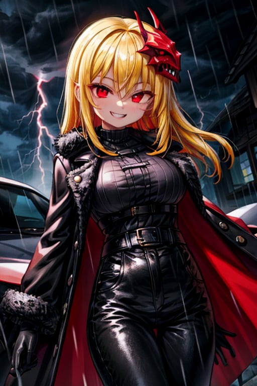 8k resolution, high resolution, masterpiece, long black scaly coat, open coat, yellow hair, white trickster mask,mocking smile painted on the mask,red smile, fanged smile,red eyes painted on the mask,squinted eyes, black gloves, black pants, arms thrown to the side, looking at the viewer, scarlet lightning in the background, rain, thunderstorm, the whole body in the frame, solo, 