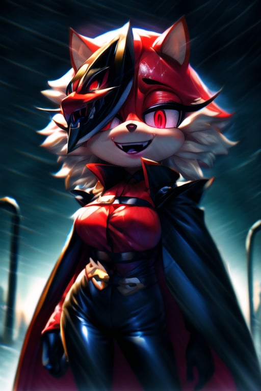 8k resolution, high resolution, masterpiece, long black scaly coat, open coat,  white trickster mask,mocking smile painted on the mask,red smile, fanged smile,red eyes painted on the mask,squinted eyes, black gloves, black pants, arms thrown to the side, looking at the viewer, scarlet lightning in the background, rain, thunderstorm, the whole body in the frame, solo, 