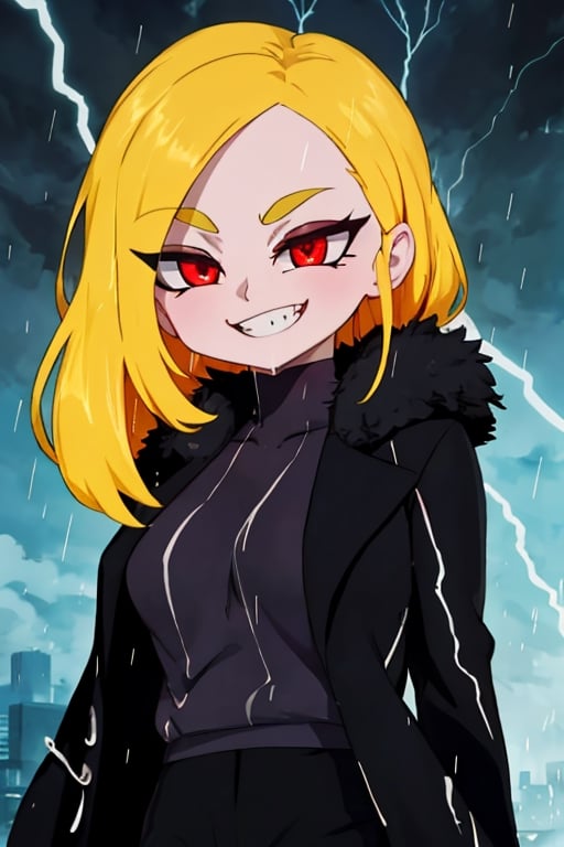 8k resolution, high resolution, masterpiece, long black scaly coat, open coat, yellow hair, white trickster mask,mocking smile painted on the mask,red smile, fanged smile,red eyes painted on the mask,squinted eyes, black gloves, black pants, arms thrown to the side, looking at the viewer, scarlet lightning in the background, rain, thunderstorm, the whole body in the frame, solo, detailed eyes, super detailed, extremely beautiful graphics, super detailed skin, best quality, highest quality, high detail, masterpiece, detailed skin, perfect anatomy, perfect hands, perfect fingers, complex details, reflective hair, textured hair, best quality, super detailed, complex details, high resolution, looking at the viewer, rich colors,Mrploxykun,JCM2