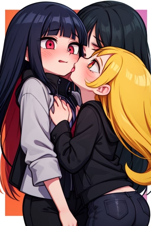 8k resolution, high resolution, masterpiece, intricate details, highly detailed, HD quality, solo, loli, dark background, black desert, scarlet moon,red moon, moon, rain,  2_girls, girls kissing, Naruko uzumaki.red eyes.(Naruko uzumaki has red eyes).blonde.yellow hair.Naruko uzumaki's clothes.black coat.black pants.a gentle expression.a satisfied expression.a playful expression.(Naruko towers over her partner), Hinata Hyuga.dark blue hair.pale lilac eyes.no pupils.Hinata Hugo's clothes.shinobi clothes.grey jacket.black pants.an embarrassed expression.happy recovery.joyful expression, kiss, two girls kissing, naruko and wednesday kissing, spittle, lesbian kiss, yuri, detailed kiss, kiss with tongues, detailed languages, focus on the whole body, the whole body in the frame, small breasts, rich colors, vibrant colors, detailed eyes, super detailed, extremely beautiful graphics, super detailed skin, best quality, highest quality, high detail, masterpiece, detailed skin, perfect anatomy, perfect body, perfect hands, perfect fingers, complex details, reflective hair, textured hair, best quality,super detailed,complex details, high resolution,

,jtveemo,himenoa,Star vs. the Forces of Evil 