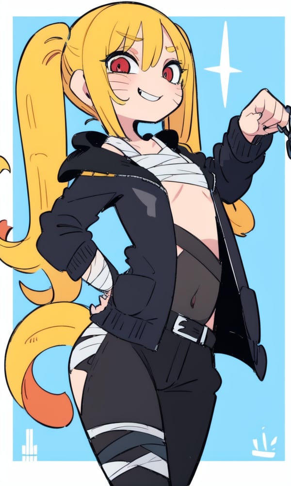 masterpiece, best quality, spectacular, solo, Naruko_Uzumaki, yellow hair, two pigtails, red eyes, elongated vertical pupils, small breasts, loli, cheeky smile, straight pose, looks at the viewer, hands tied with black bandages, forearms tied with black bandages, black belt, black pants, chest bandaged black bandages, perfect eyes, perfect body, perfect anatomy , cartoon, naruto,Cromachina,wagashi,Mrploxykun,Eiken3kyuboy