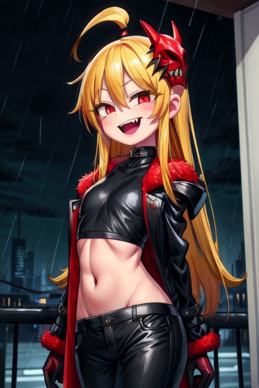 8k resolution, high resolution, masterpiece, long black scaly coat, open coat, yellow hair, white trickster mask,mocking smile painted on the mask,red smile, fanged smile,red eyes painted on the mask,squinted eyes, black gloves, black pants, arms thrown to the side, looking at the viewer, scarlet lightning in the background, rain, thunderstorm, the whole body in the frame, solo, 