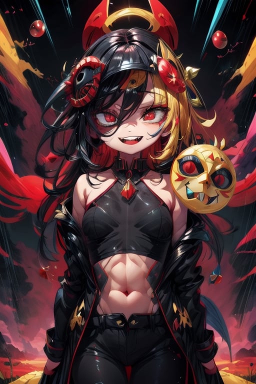 8k resolution, high resolution, masterpiece, long black scaly coat, open coat, yellow hair, white trickster mask,mocking smile painted on the mask,red smile, fanged smile,red eyes painted on the mask,squinted eyes, black gloves, black pants, arms thrown to the side, looking at the viewer, scarlet lightning in the background, rain, thunderstorm, the whole body in the frame, solo, detailed eyes, super detailed, extremely beautiful graphics, super detailed skin, best quality, highest quality, high detail, masterpiece, detailed skin, perfect anatomy, perfect hands, perfect fingers, complex details, reflective hair, textured hair, best quality, super detailed, complex details, high resolution, looking at the viewer, rich colors,Mrploxykun,JCM2,High detailed ,perfecteyes,Color magic,War of the Visions  ,Saturated colors