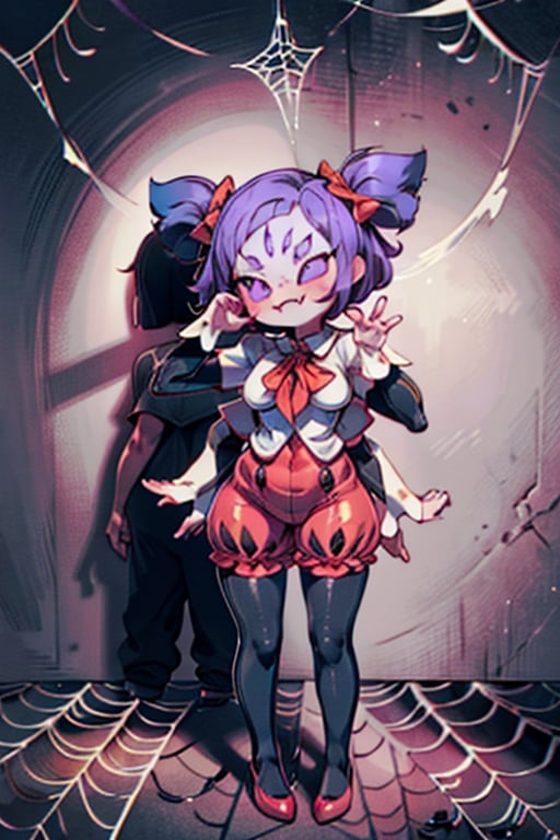 8k resolution, high resolution, masterpiece,  intricate details, highly detailed, HD quality, best quality, vibrant colors, 1girl,muffet,(muffetwear), monster girl,((purple body:1.3)),humanoid, arachnid, anthro,((fangs)),pigtails,hair bows,5 eyes,spider girl,6 arms,solo,clothed,6 hands,detailed hands,((spider webs:1.4)),bloomers,red and black clothing, armwear,  detailed eyes, super detailed, extremely beautiful graphics, super detailed skin, best quality, highest quality, high detail, masterpiece, detailed skin, perfect anatomy, perfect hands, perfect fingers, complex details, reflective hair, textured hair, best quality, super detailed, complex details, high resolution, looking at the viewer, rich colors, ,muffetwear,Shadbase ,JCM2,DAGASI,Oerlord,illya,In the style of gravityfalls,tensura,Mrploxykun,BORN-TO-DIE,Captain kirb