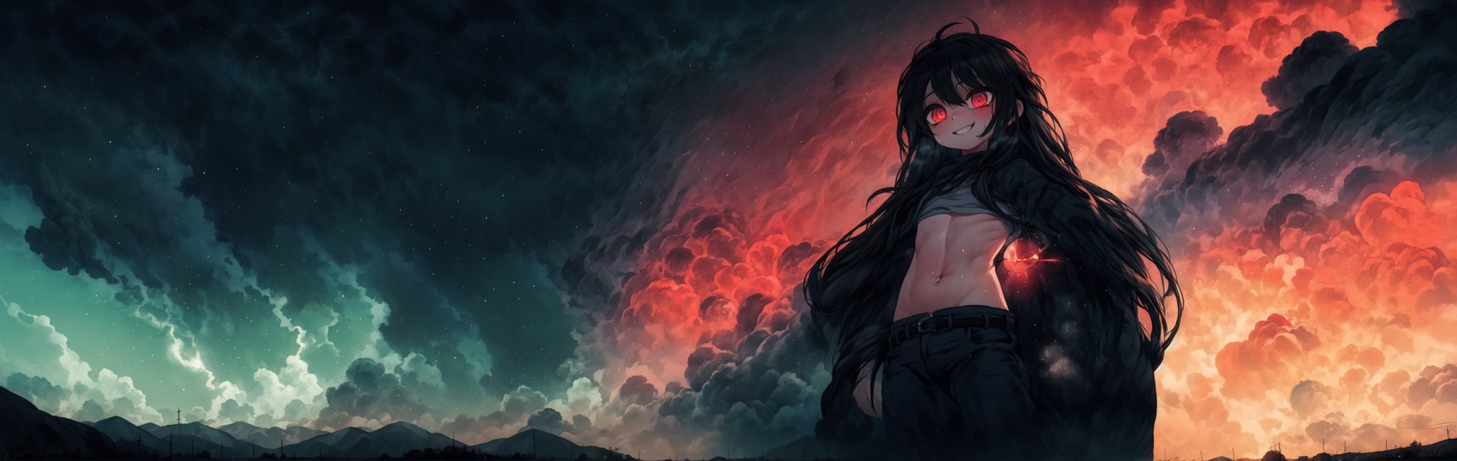 8k resolution, high resolution, masterpiece, intricate details, highly detailed, HD quality, solo, loli, black desert on the background, night, rain, red stars in the sky, scarlet moon, red stars, scarlet cosmos, snowy wasteland, black snow, scarlet lightning, apocalypse, the girl in the share, loli, black hair.long hair.developing hair.formidable aura.the scarlet aura.red eyes.glowing eyes.black coat.black pants.a cheeky smile.a cheeky expression.happy expression,

Focus on the whole body, the whole body in the frame, the body is completely in the frame, the body does not leave the frame, detailed hands, detailed fingers, perfect body, perfect anatomy, wet bodies, rich colors, vibrant colors, detailed eyes, super detailed, extremely beautiful graphics, super detailed skin, best quality, highest quality, high detail, masterpiece, detailed skin, perfect anatomy, perfect body, perfect hands, perfect fingers, complex details, reflective hair, textured hair, best quality,super detailed,complex details, high resolution,USA,JCM2,Captain kirb,jtveemo,ChronoTemp ,EpicArt,Mrploxykun