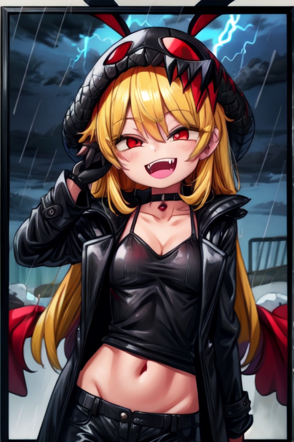 8k resolution, high resolution, masterpiece, long black scaly coat, open coat, yellow hair, white trickster mask,mocking smile painted on the mask,red smile, fanged smile,red eyes painted on the mask,squinted eyes, black gloves, black pants, arms thrown to the side, looking at the viewer, scarlet lightning in the background, rain, thunderstorm, the whole body in the frame, solo, 